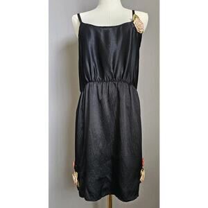 Anthropology Eloise Black 100 Silk Slip Dress with Roses Sz M Babydoll Fairy Y2K